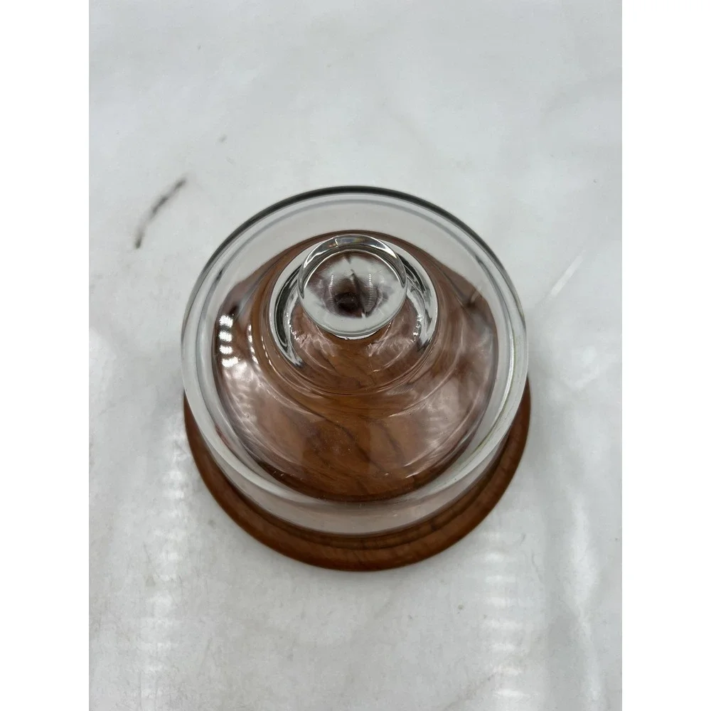 Dolphin Teakwood Cheese Dome Glass Cloche Server Mid Century Modern Wood